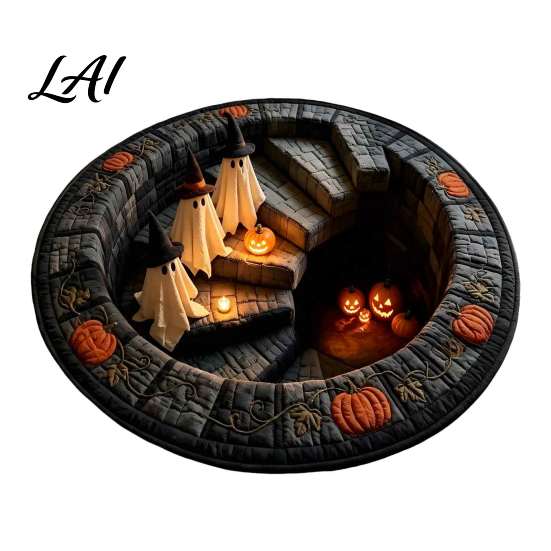 Durable Area Rug 3D Haunted Staircase Rug Halloween Ghost Stair Round Carpet with Anti-slip Backing Floor Mat for Living Room Bedroom Bathroom