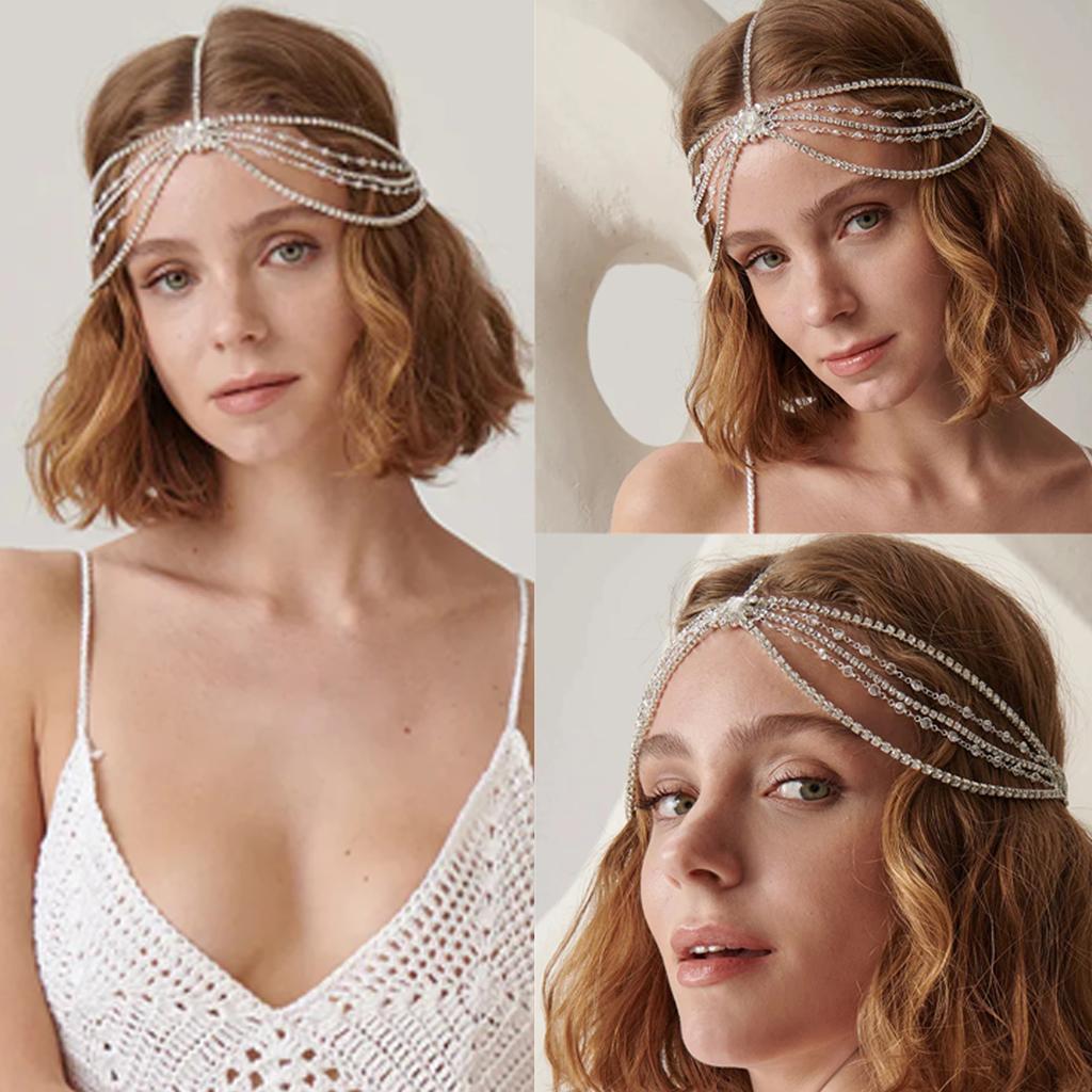 Bridal Wedding Party Headband Bohemian Rhinestone Tiaras Crown Forehead Chain Crystal Forehead Headdress Hair Ornament