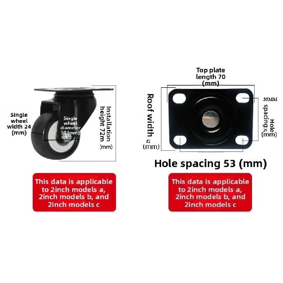 4pcs 50mm Heavy-Duty Black Swivel Castor Wheels 180kg Capacity 2-Inch Rubber for Furniture Trolley Home Office Caster