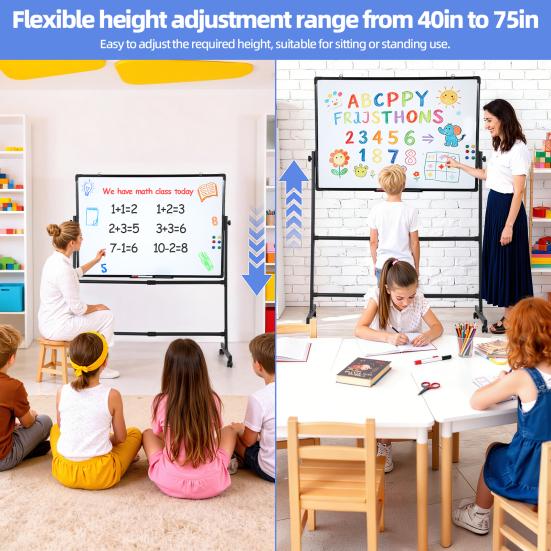 Magnetic Standing Mobile Easel Board Rolling Dry Erase Board, 40 x 28 Inch Large Whiteboard, Height Adjustable Double Sided Style White with Stand for