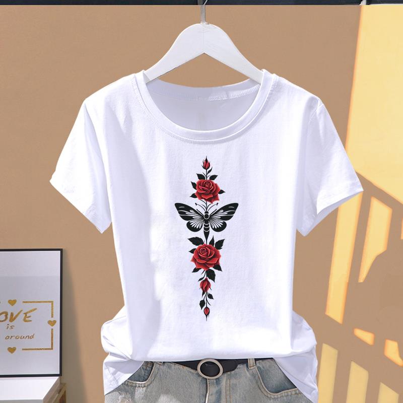 (Asian Size) Women's Top 90s Trend Butterfly Cute Short Sleeve T-shirts Fashion T Clothing Print Female Casual Graphic Tee