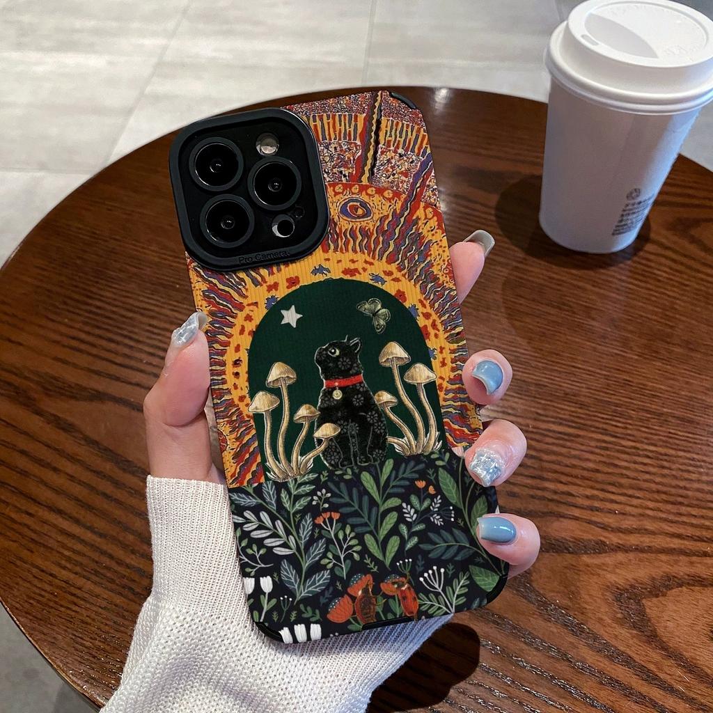 Ретро Черный Кот и Гриб Защитный Чехол для Телефона Для iPhone 17 Air 16 15 13 12 11 Pro Max Pro Plus Ударопрочная Задняя Крышка