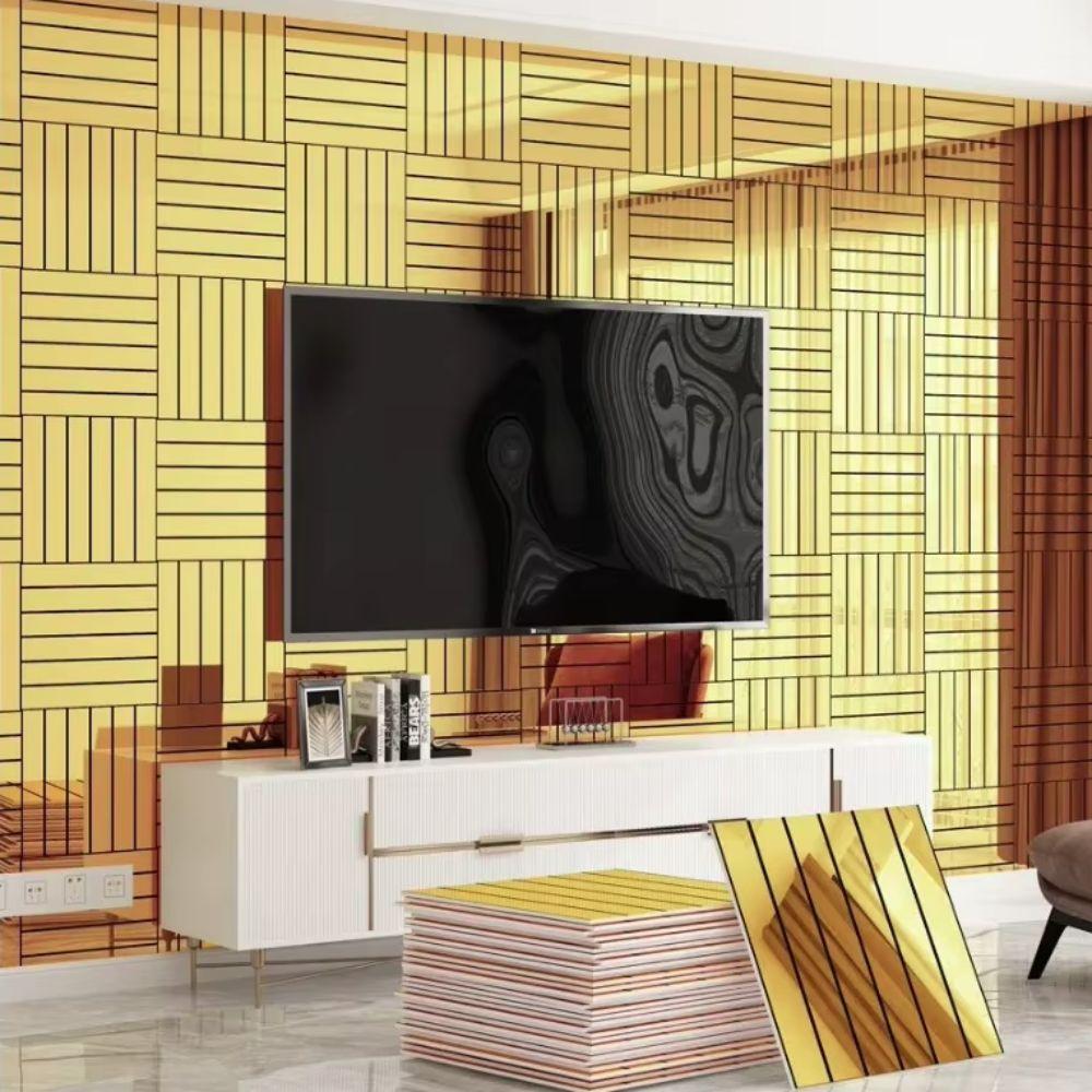 10PCS Reflective Mirror Wallpaper Stripe Pattern Grid Panel Wall Sticker Wall Panel Sticker TV Wall