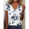Summer Large Women's T-shirt Fashionable Blue Flower Print Casual Elegant V-neck T-shirt Daily Comfortable Women's T-shirt