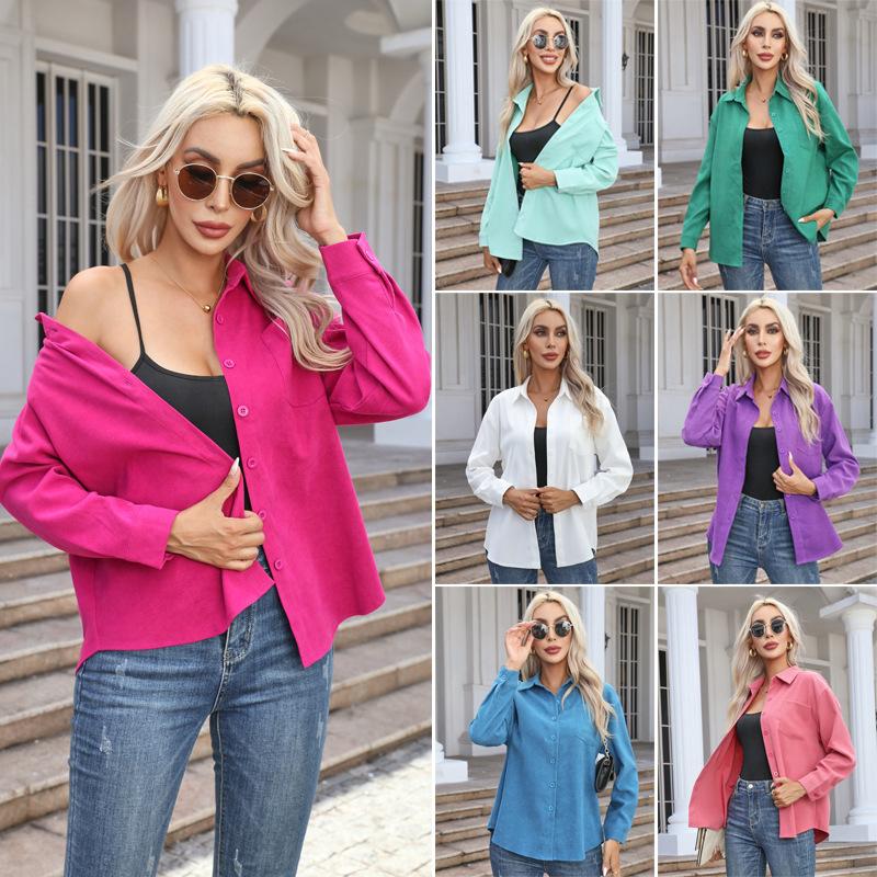 Women's Autumn Top Solid Long Sleeve Loose Casual Shirt Ladies Lapel Pocket Office Shirts