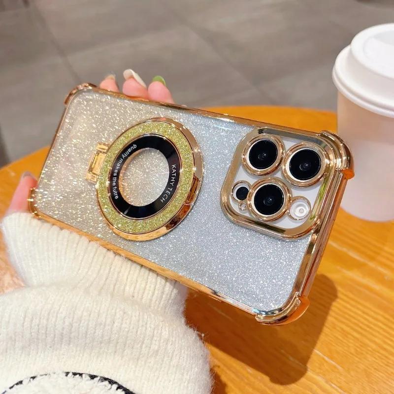 Luxury Glitter Holder Bracket Case For iPhone 17 Air 16 15 14 13 12 11 Pro Max 16 Plus Stand Shockproof Clear Soft Back Cover