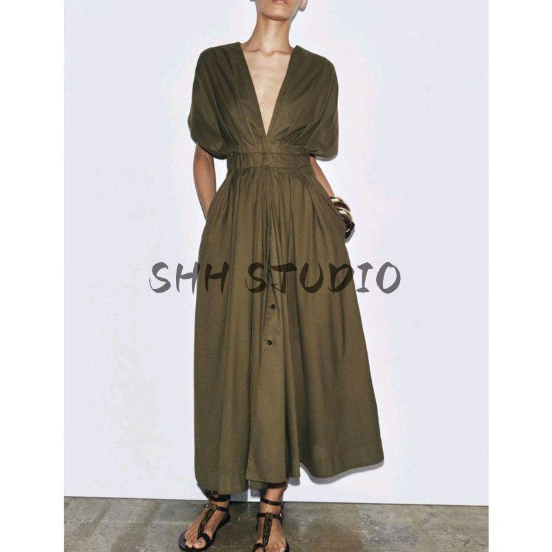 Summer New Product Women's Clothes Cotton Blend V Neck Short Sleeve Pleated Trim Midi Skirt Dress 2965260 2965278