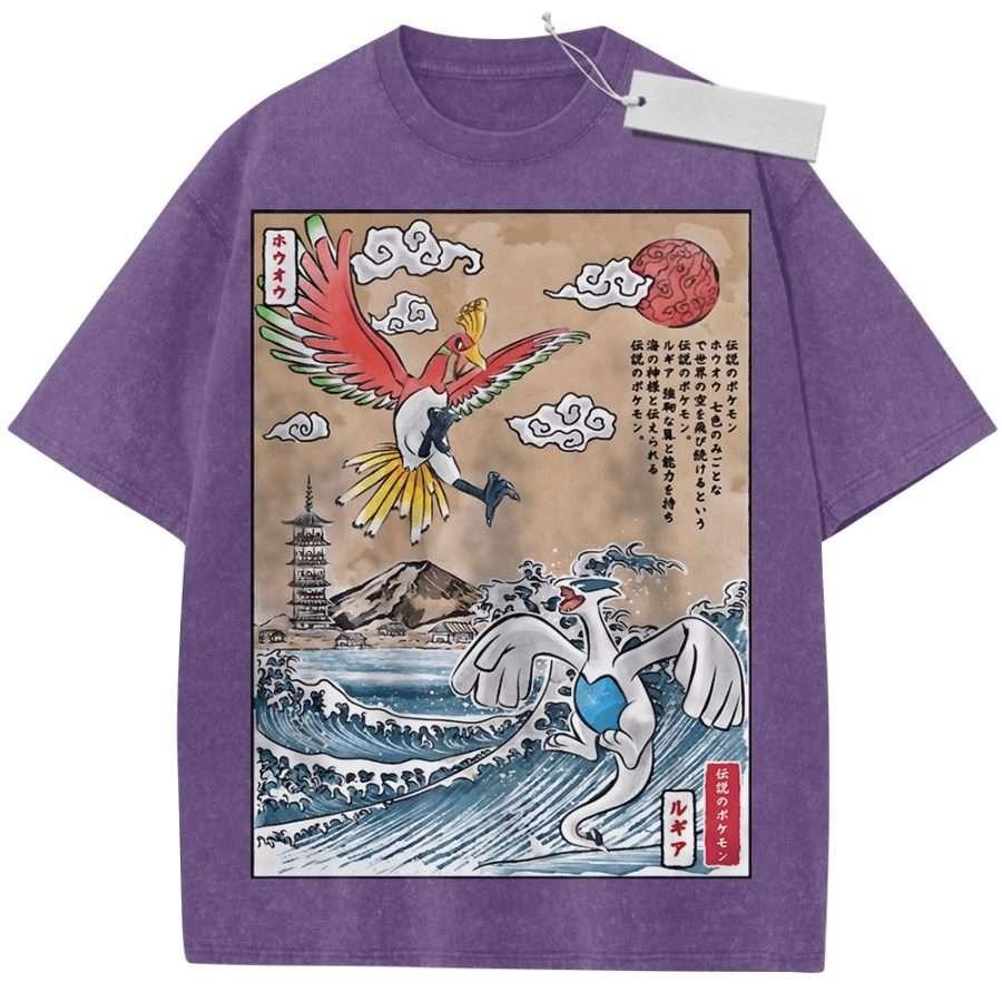 T Shirt Sports T Shirt Short Sleeve T Shirt Beige Unisex Pure Cotton Washed Vintage Japanese Art Pokemon Ho Oh and Lugia Print