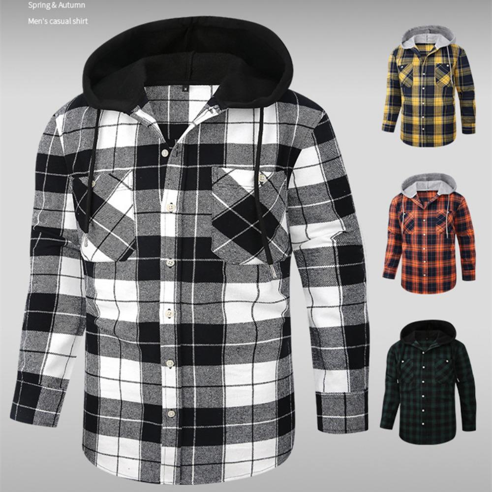 New Hooded Men's Plaid Shirts Long Sleeved Casual Flannel Loose Coat Fashion Street Style Men's Sports Shirt Jacket Male Clothes