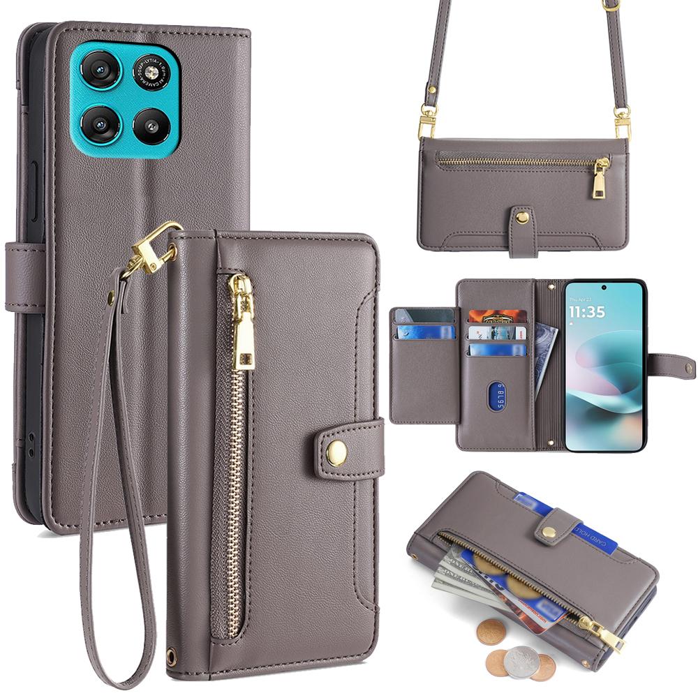 For Motorola Moto G67 Power 5G Leather Case Zipper Pocket Wallet Phone Cover with 2 Straps
