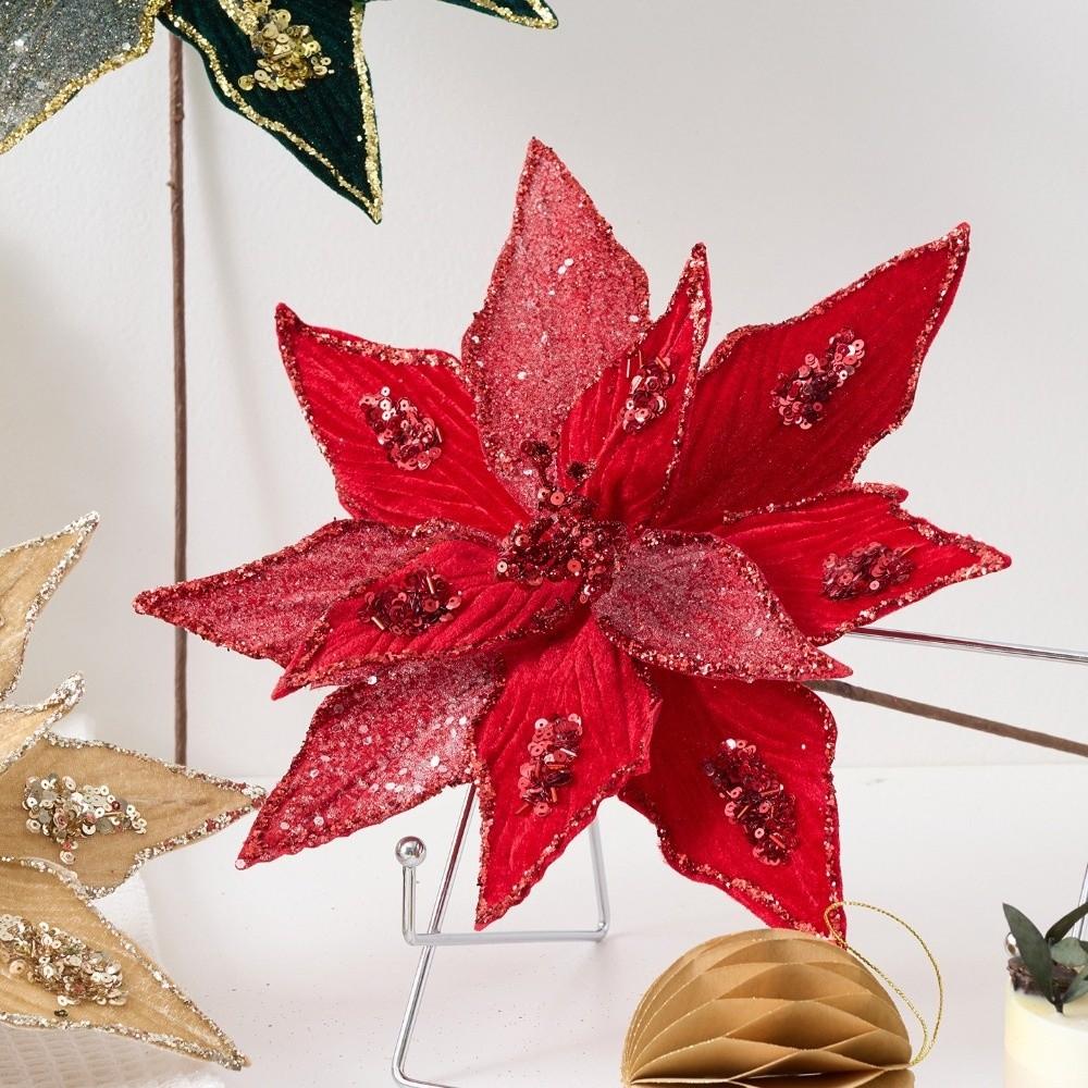 New 32CM Artificial Poinsettia Flower Glitter Sparkling Simulation Flowers Sequins Christmas Glitter Flower Christmas Decoration