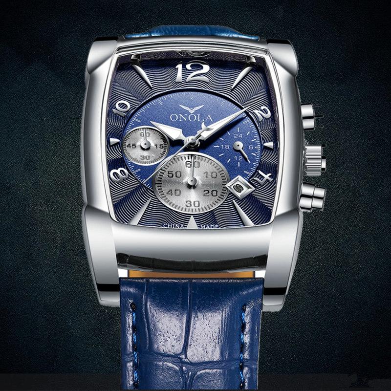 Роскошные деловые часы из нержавеющей стали с кожаным ремешком, водонепроницаемые часы, повседневные кварцевые мужские наручные часы с календарем, хронограф, прямоугольный циферблат