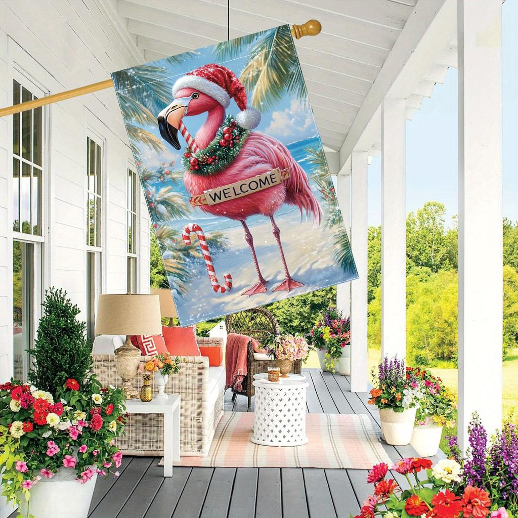 Double-Sided Polyester Flamingo Christmas Garden Flag , Festive Outdoor Yard Decor, No Electricity Required, Welcome Banner (1pc)