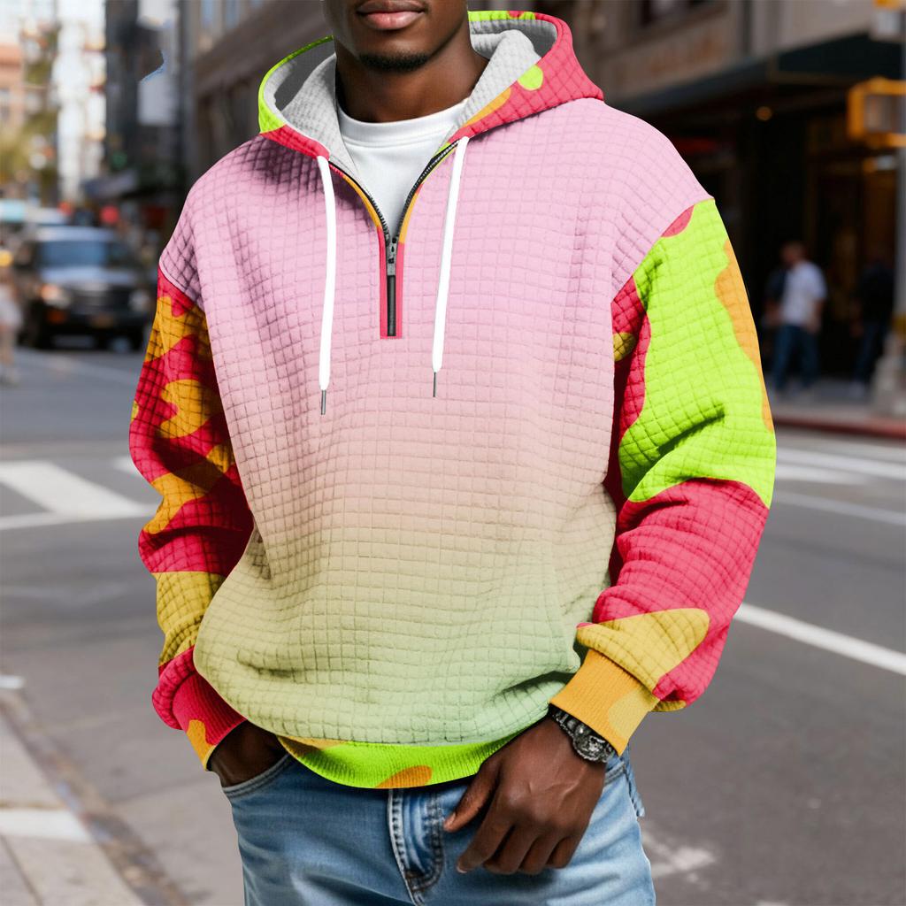 Мужской худи-пуловер в клетку с капюшоном на молнии до середины, со шнурком и принтом, повседневная спортивная толстовка