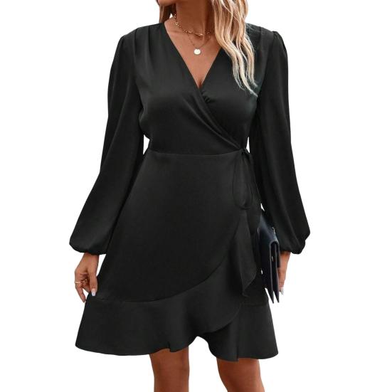 Женское мини-платье с V-образным вырезом, длинным рукавом-фонариком и боковой шнуровкой