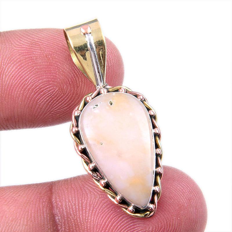 Natural Pink Opal Gemstone 925 Solid Sterling Silver Two Tone Pendant 1.50" O1B52
