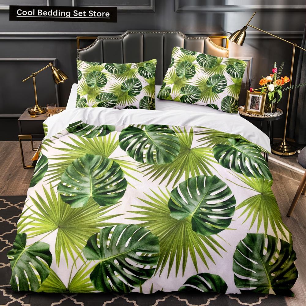 Тропические растения Цветочный пододеяльник King Queen Комплект постельного белья с зелеными пальмовыми листьями Кремовые цветы 2/3 шт. Полиэстеровый пододеяльник