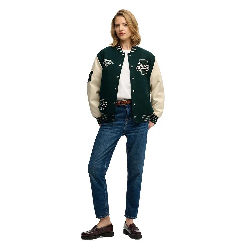 Superdry patched varsity bomber jacket button closure green