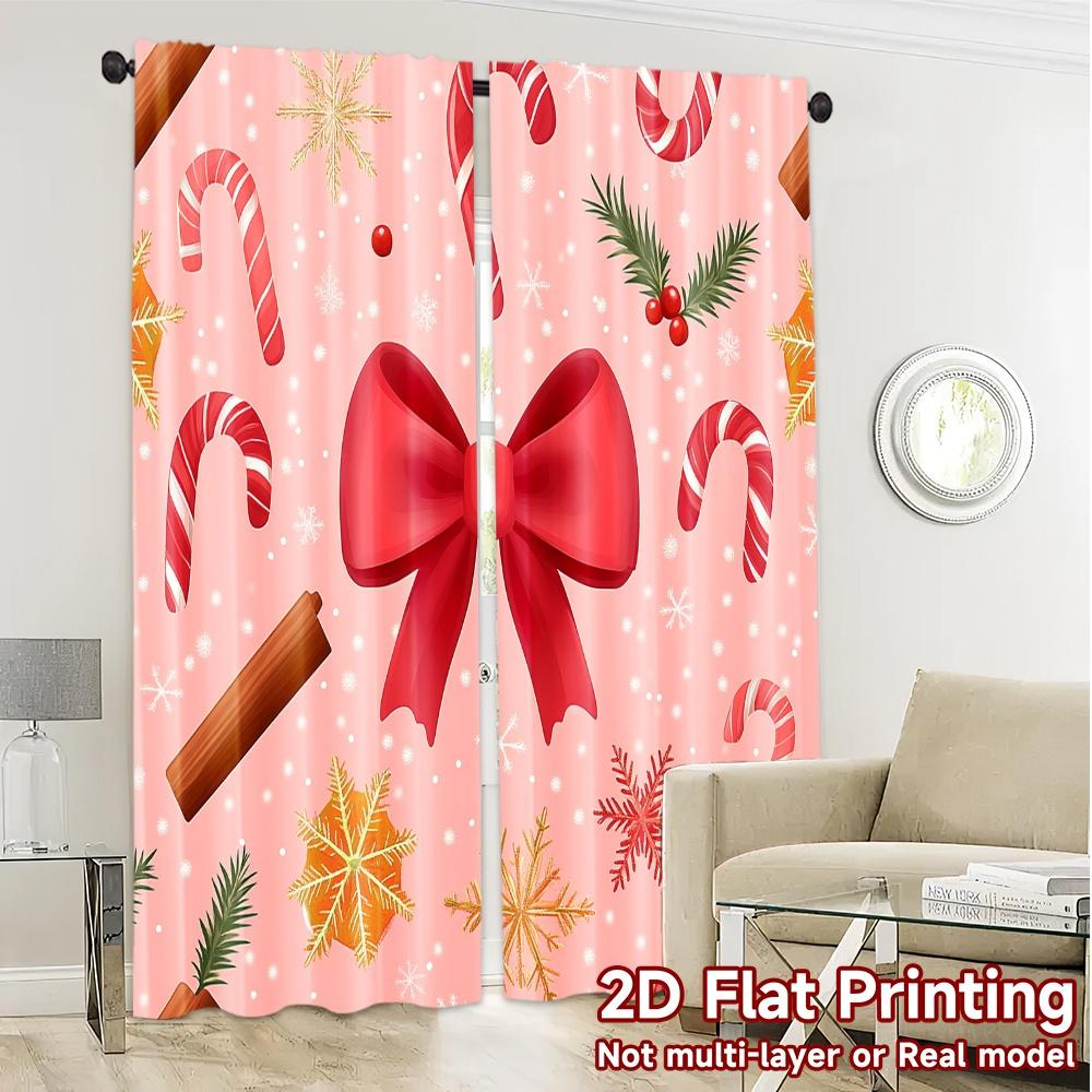 2pcs,Curtains Christmas Bows Candy Cane Ornaments (3) Print Modern Curtains 100% Polyester Curtains Gifts Ldeal for Kitchen