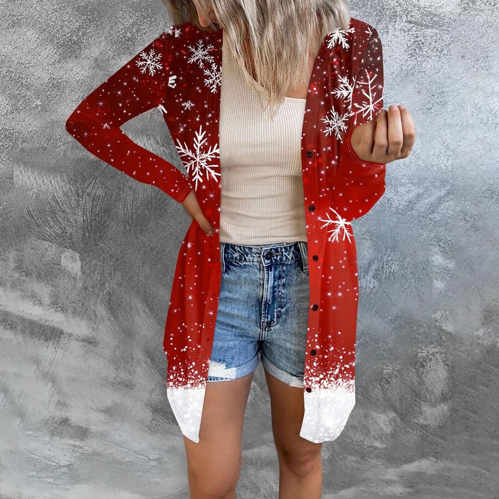 Women's Fashion Casual Long-sleeved Print Medium Length Cardigan Button Jacket Coat