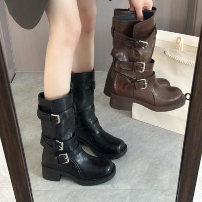 Осень 2025 маленький мужчина выше и худее полусапоги женские сапоги ретро британский толстый высокий каблук ботинки Мартин женские