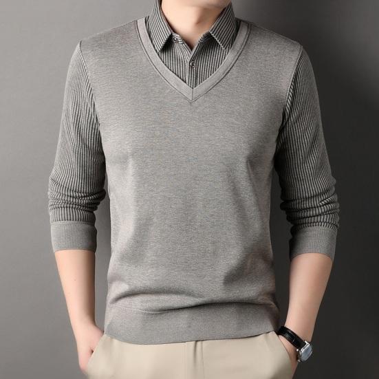 Мужской свитер, имитация двухсекционной рубашки и свитера, формальный деловой стиль, отложной воротник, длинные рукава, полосатый офисный топ на осень и весну