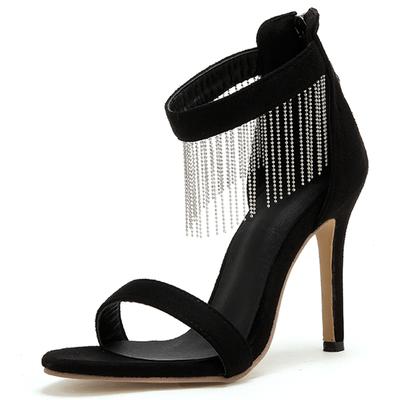 Женские сандалии на высоком каблуке из черной искусственной замши с кисточками и бисером, летняя обувь для вечеринки, большие размеры 34-43 WSH5272