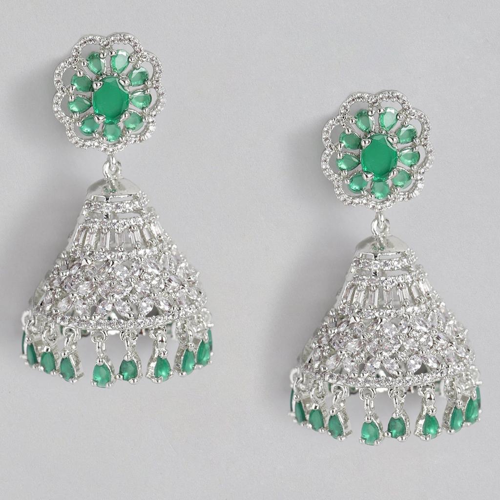 Дизайнерские серьги Jhumki Estele с родиевым покрытием и цирконами, цветком и зелеными камнями для женщин