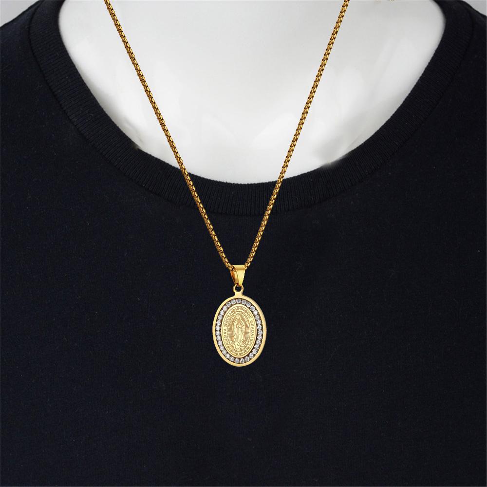 Religious Virgin Mary Pendant Female Gold Color Stainless Steel Madonna Round Necklace for Women Fashion Party Jewelry Gift