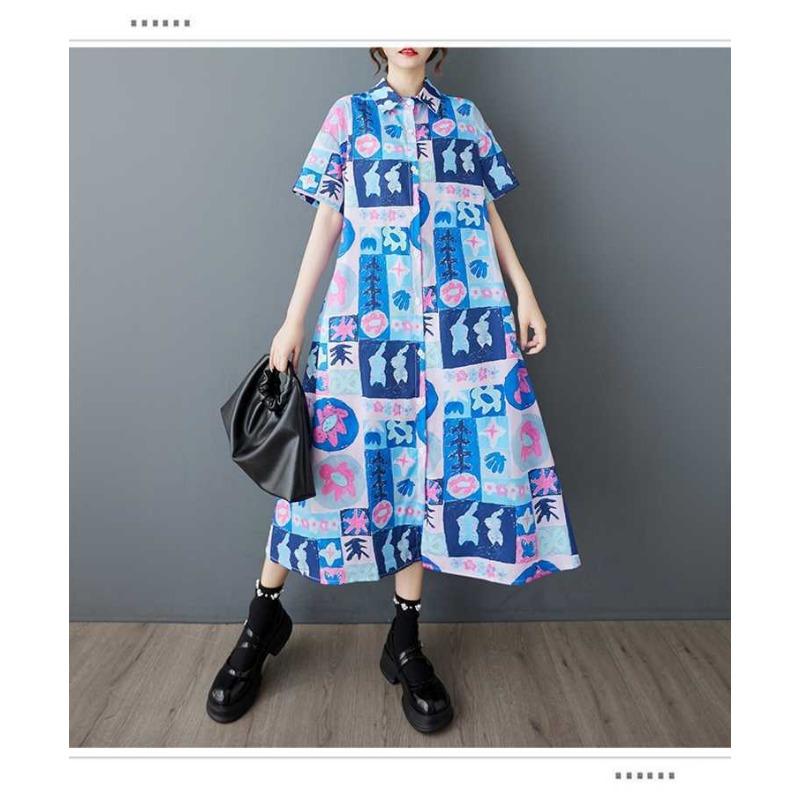 Women's Short Sleeved Loose Fashion Printed Mid Length Shirt Dress