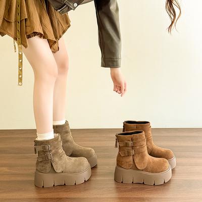 Женские ботинки Мартин на толстой подошве, новые осенне-зимние, бархатные, теплые, в стиле ретро, тонкие и увеличивающие рост короткие ботинки