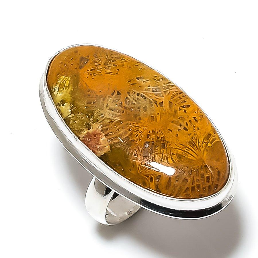 Ювелирное кольцо из стерлингового серебра 925 пробы с натуральным ископаемым кораллом, размер 9 E2K17