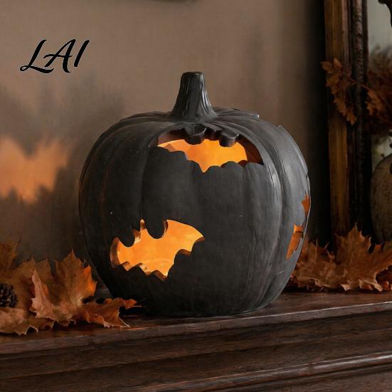 Horror Theme Gifts Halloween Pumpkin Resin Figurine Bat Hollow Out Lantern with Vintage Style Ornaments Warm Light Spooky Indoor Outdoor Home Table