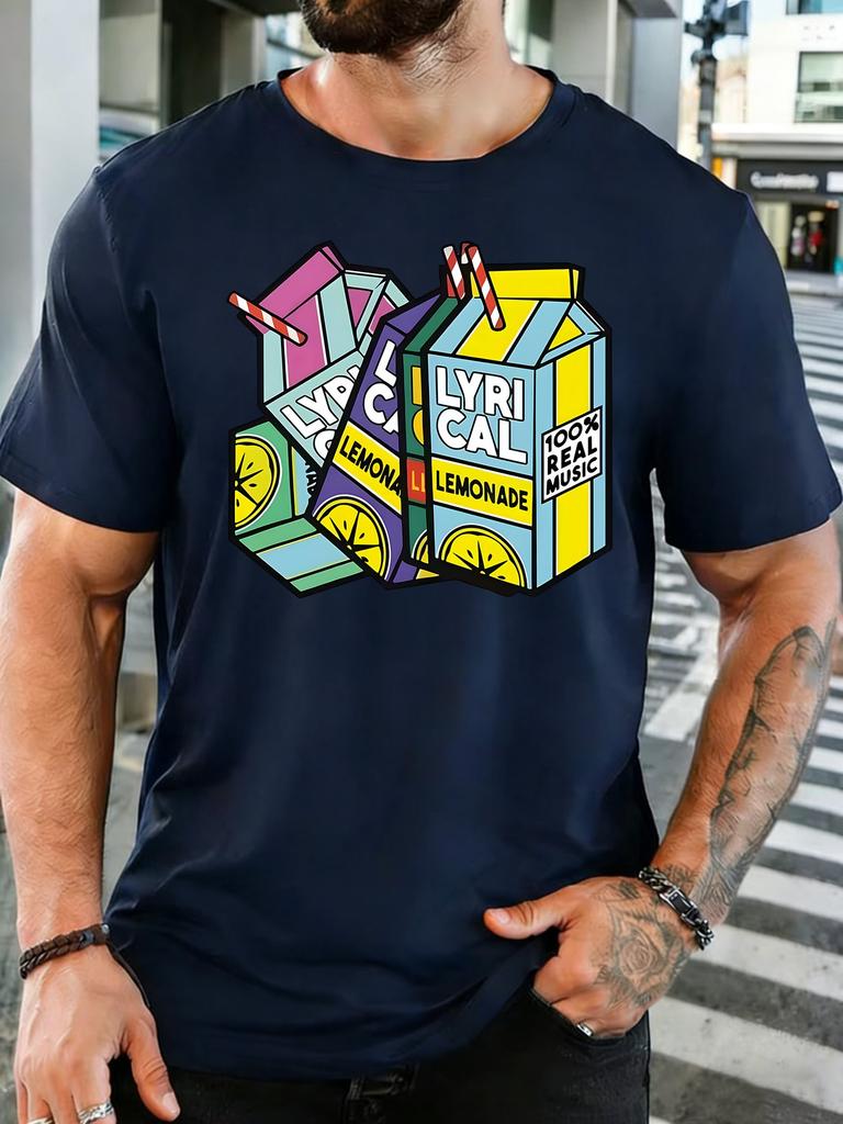 Black Unisexs Tee Lyrical Lemonade Juice Box Print Crew Neck Cotton Short Sleeve Fashion Male Street Summer Soft Daily Casual Wear