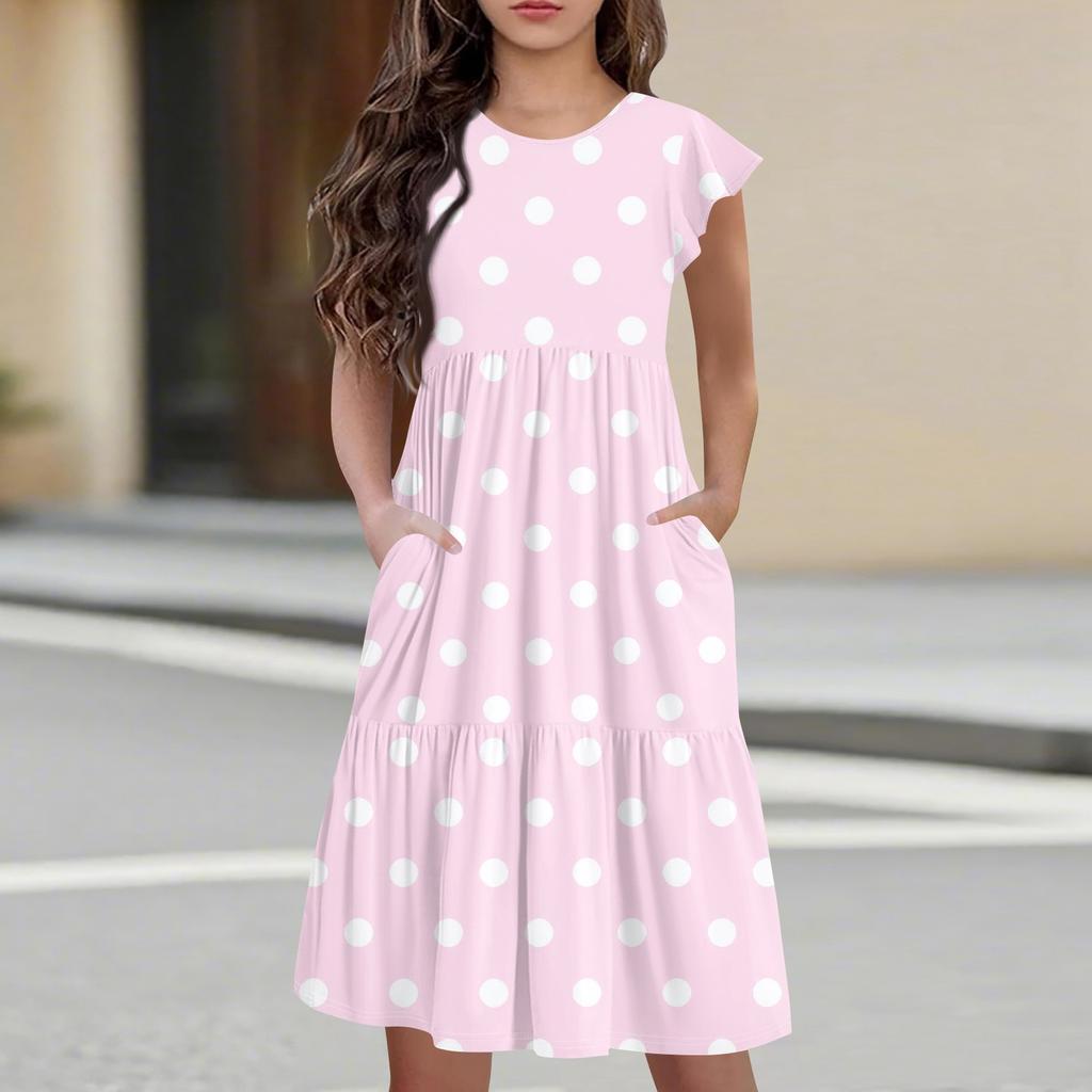 Детская юбка с круглым вырезом, плиссированная, с коротким рукавом, юбка принцессы, модное повседневное платье с карманами для девочек