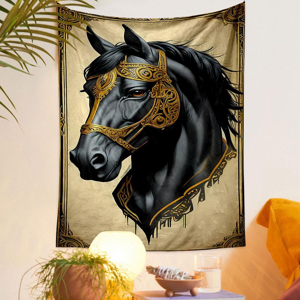 "Elegant Black Horse with Golden Harness" Patterned tapestry home decor, suitable for bedroom and living room, gift