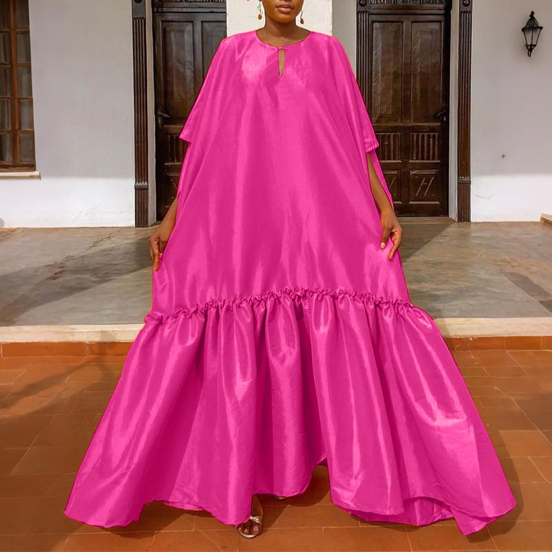 Plus Size Women O Neck Batwing Sleeve Ruffled Loose Party Maxi Long Dress