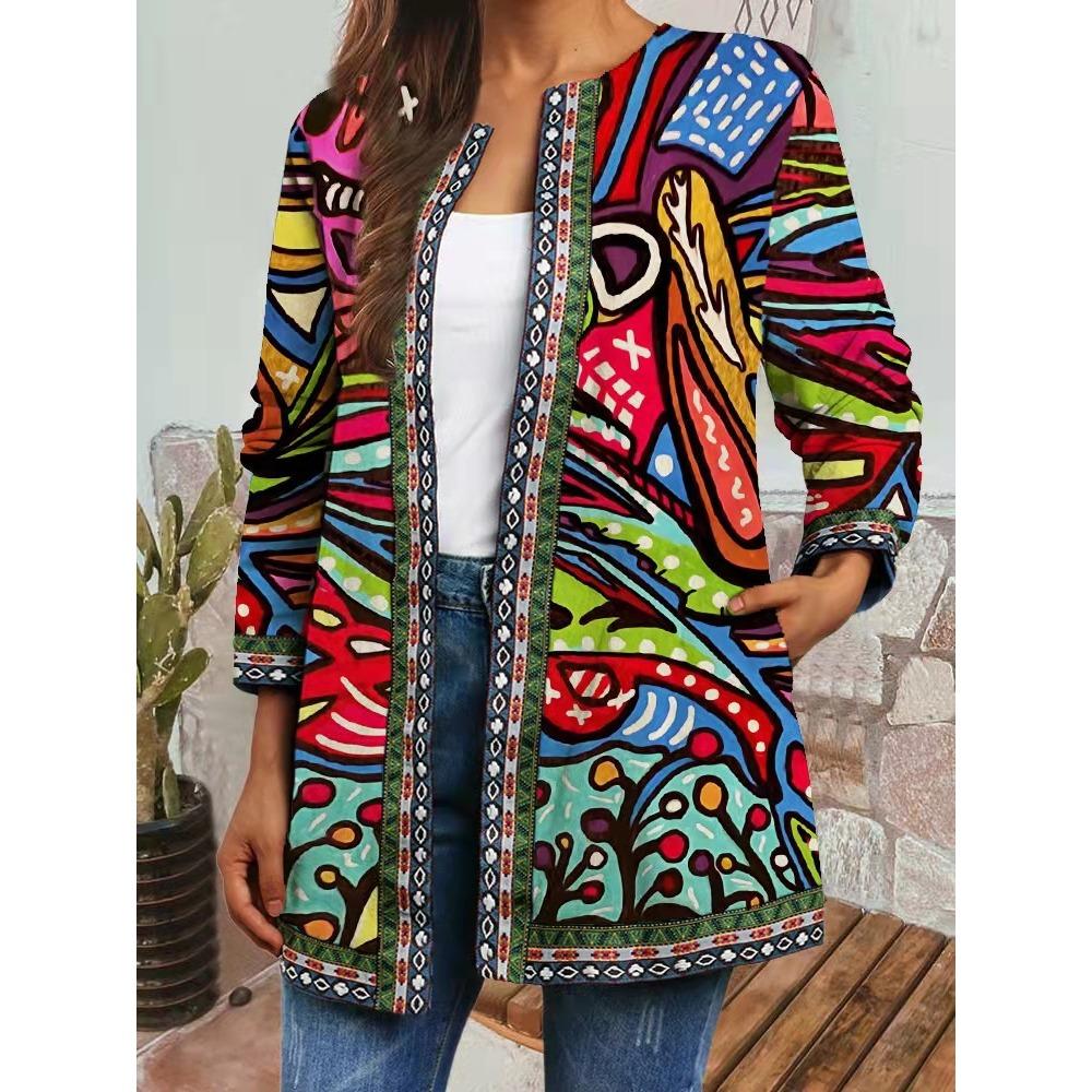 GMXIA Осень-зима винтажный этнический стиль принт большой размер куртка кардиган женская одежда