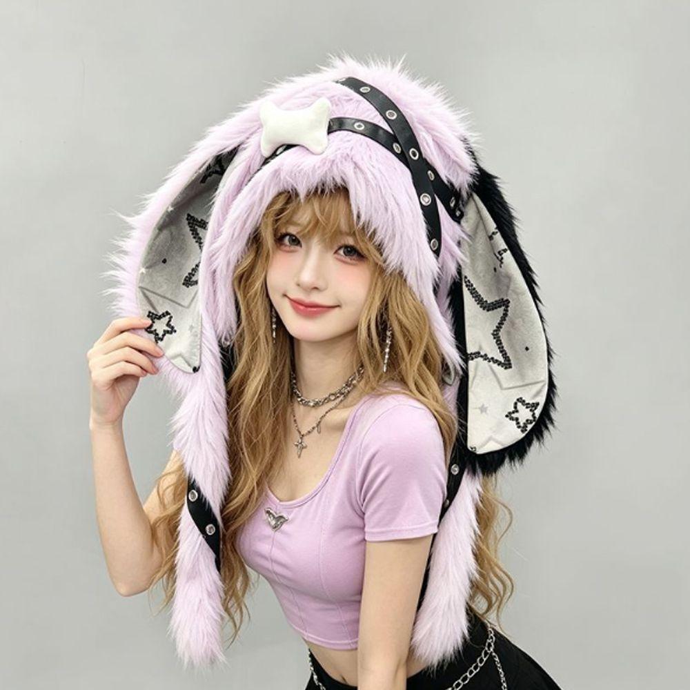 Punk Style Bunny Ear Hat Y2K Streetwear Star Print Ears New Design Faux Fur Hat