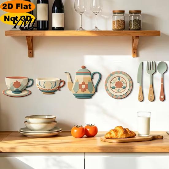 Modern Kitchen Wall Murals 7Pcs 2D Flat Wooden Decor, Retro Teapot Tableware Themed Removable Art for Dining Room Art, Self?Adhesive Plaques