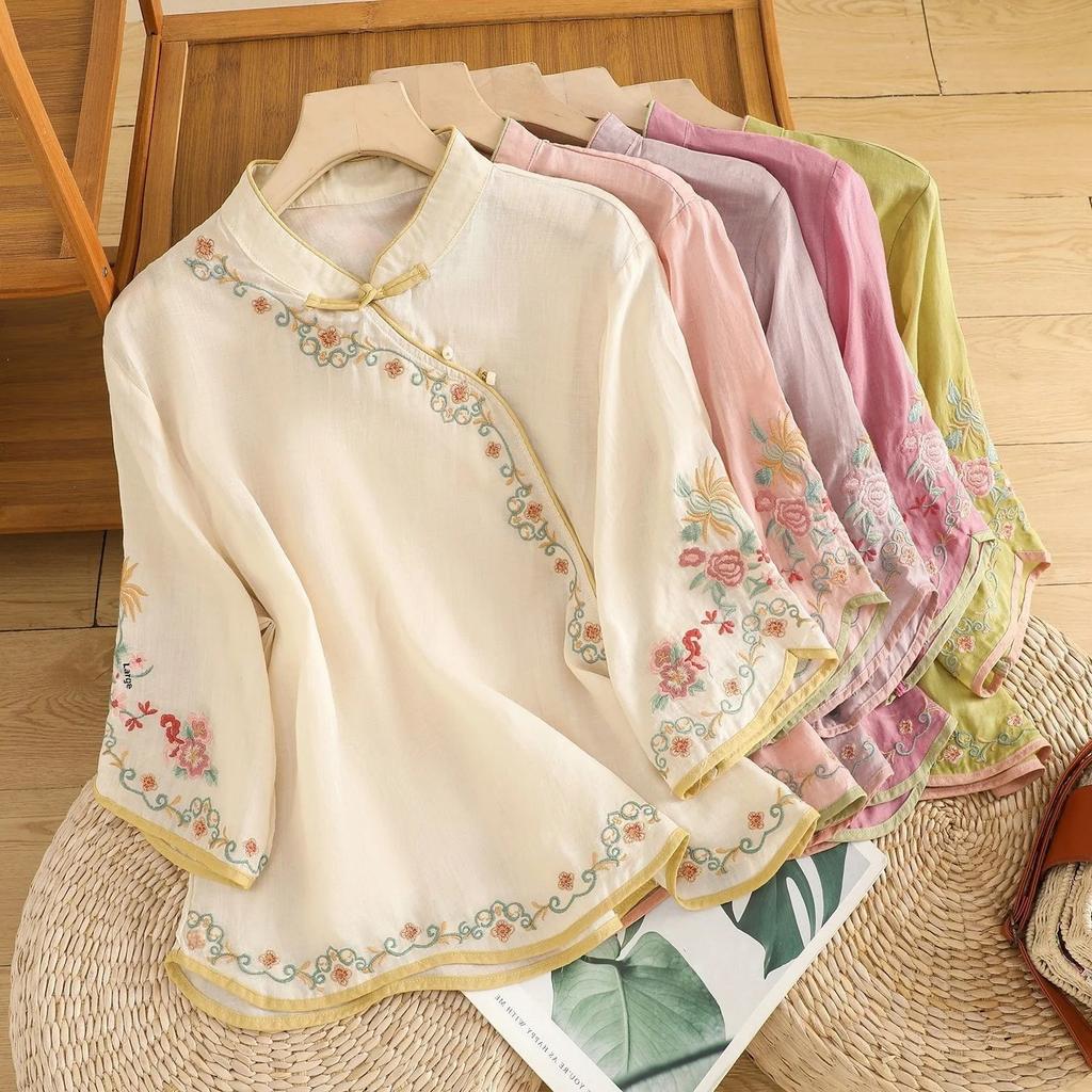 Летний художественный винтажный вышитый приталенный топ из хлопка и льна для женщин с пуговицами, цветной блок, безрукавная рубашка для омоложения