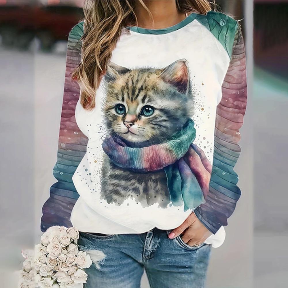 Женские модные топы с принтом 3D Cat, рубашки с длинными рукавами, толстовки, свитшоты, кавайные рубашки с длинными рукавами, зима-осень