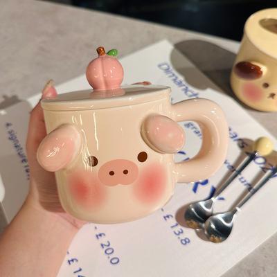 Милая керамическая кружка в виде щенка с крышкой, ложкой, карточкой, животное, розовая, девчачья, офисная чашка для воды, кофейная чашка