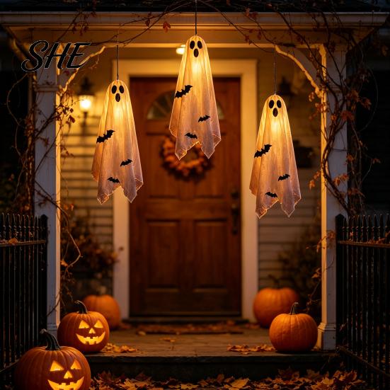 Outdoor Spooky Yard Ornaments Scary Ghost Decor, Bat Print Hanging Decor for Porch Lighted Ghosts Tree, Glow-in-the-Dark Halloween Decoration