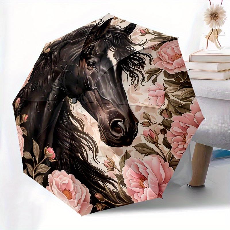 Horse Floral themed, Eight ribbed, Self folding umbrella Is Suitable for Everyday Outdoor Use and Is An Ideal Gift for Friends and Family, A