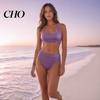 Figure Flattering Swimwear 2Pcs/Set Summer Ribbed Bikini Set High-Waisted Belly Controlling Bottoms U-Shaped High Waisted Back Halter Neck Bra