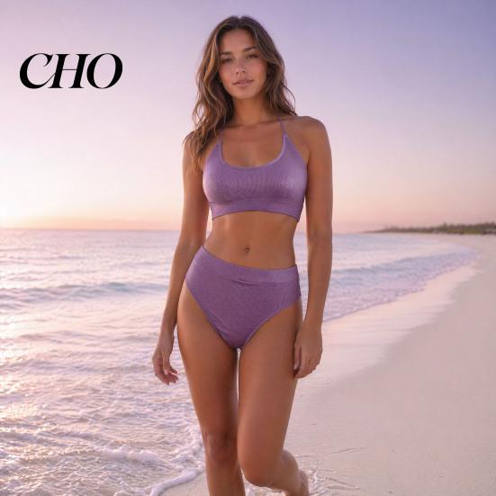 Figure Flattering Swimwear 2Pcs/Set Summer Ribbed Bikini Set High-Waisted Belly Controlling Bottoms U-Shaped High Waisted Back Halter Neck Bra