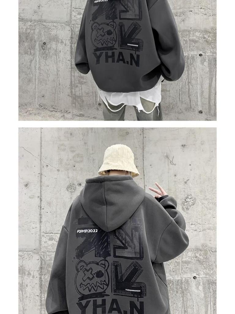 Мужская толстовка с капюшоном на плюшевой подкладке - Большой размер, Осень/Зима, Хип-хоп стиль, Модный свободный крой, Вдохновленная Америкой.