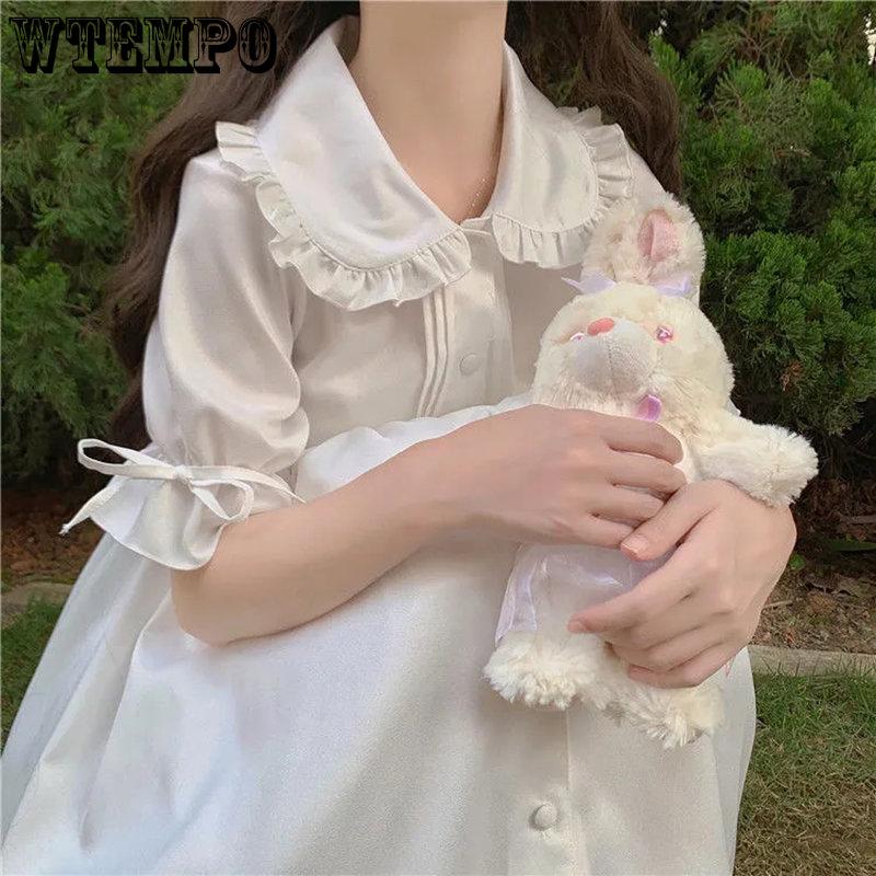 WTEMPO Белое кавайное платье Лолиты для девочек, мягкое платье принцессы с воротником «Питер Пэн», милое праздничное платье в японском стиле с пышными рукавами