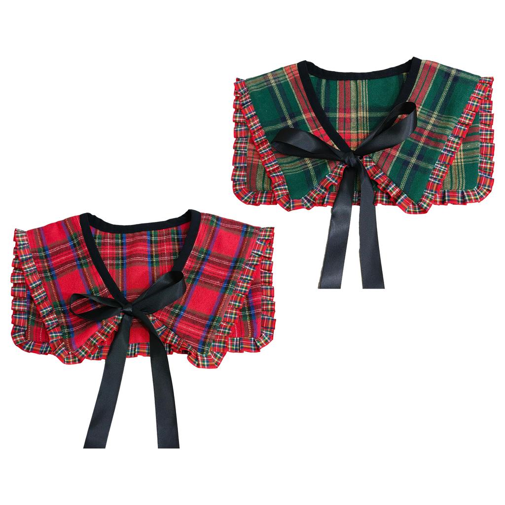 Women Vintage Checkered Plaids False Collar Sweet Ruffled Trim Elegant Lapel Shawl Scarf Bows Tie Mini Ponchos Capelet